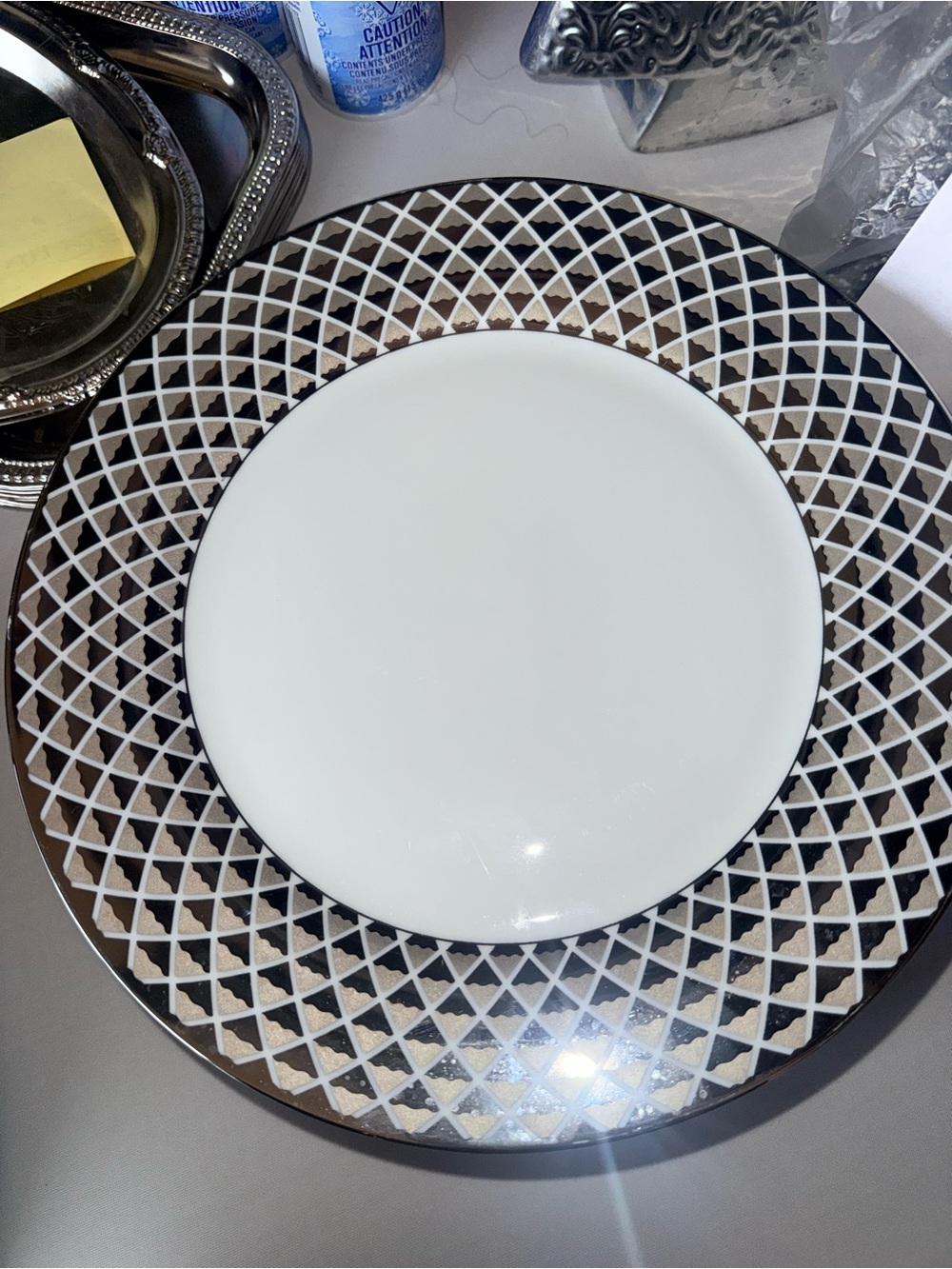 Ciroa Replacement White Dinner Plate with Geometric Metallic Lattice Border